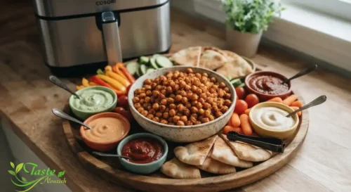 Air fryer chickpeas served on a party snack platter with dipping sauces