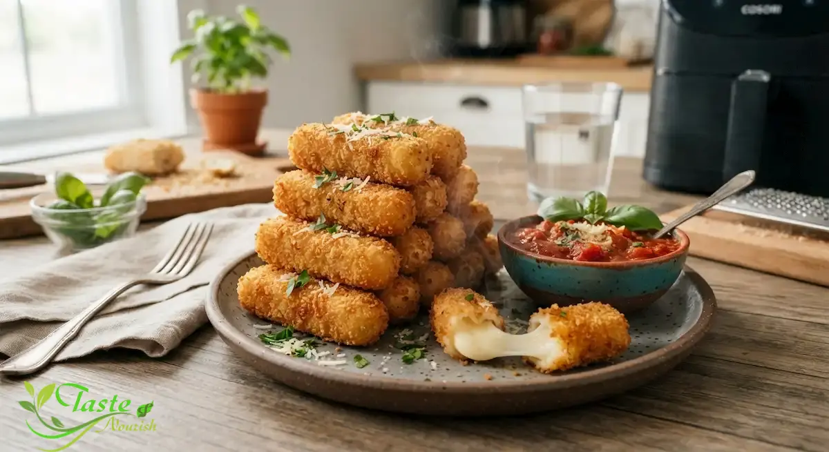 Air Fryer Mozzarella Sticks Recipe (Crispy & Ready in 15 Minutes) Crispy air fryer mozzarella sticks recipe stacked with marinara dipping sauce