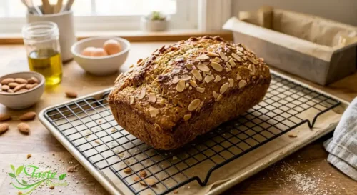 Freshly baked gluten-free almond flour bread cooling on a wire rack
