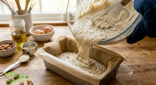 Almond flour bread batter poured into a parchment-lined loaf pan