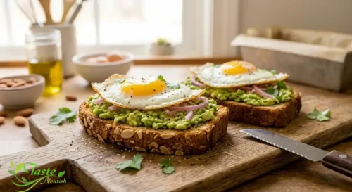 Toasted almond flour bread topped with avocado and a fried egg