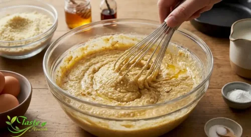 Thick almond flour pancake batter being whisked 