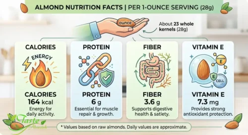 Almond nutrition facts infographic showing calories, protein, fiber, and vitamin E per one-ounce serving
