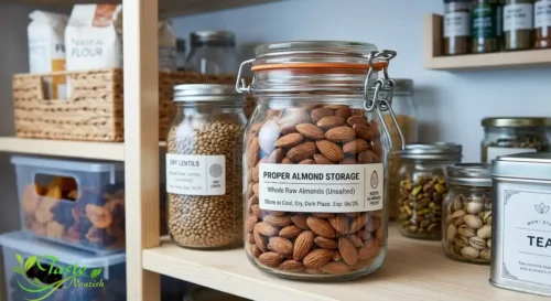 Health Benefits of Almonds: almonds stored in a pantry demonstrating proper almond storage