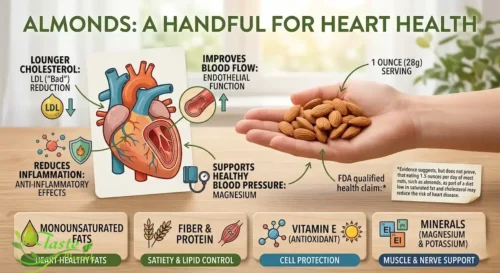 Health Benefits of Almonds: Handful of almonds next to a heart illustration representing almonds and heart health benefits