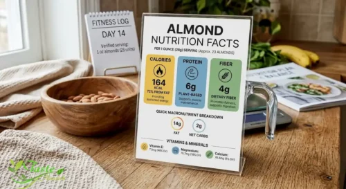 Nutrition facts chart showing calories, protein, and fiber in almonds per ounce