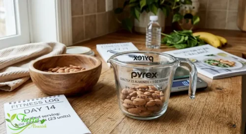 One ounce portion of almonds, about 23 almonds, showing correct serving size