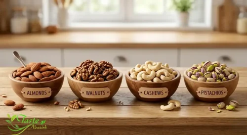 Assorted mixed nuts including almonds, walnuts, cashews, and pistachios for nutritional comparison