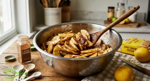 Cinnamon-spiced apple slices in a mixing bowl for apple crisp filling