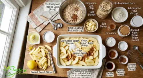Ingredients for apple crisp recipe including apples, oats, cinnamon, and butter