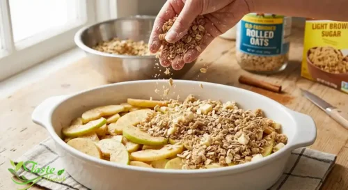 Oat crumble topping being sprinkled over sliced apples before baking