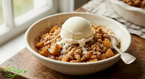 Bowl of warm apple crisp topped with a scoop of vanilla ice cream