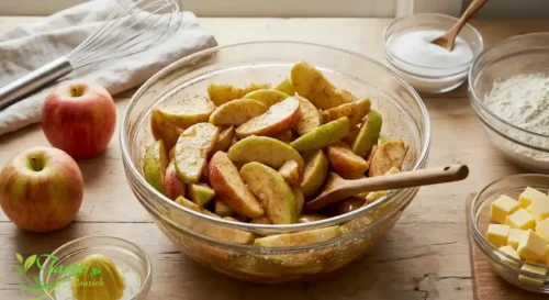 Apple Crumble Recipe: Sliced apples tossed with sugar, cinnamon, and lemon juice for the crumble filling