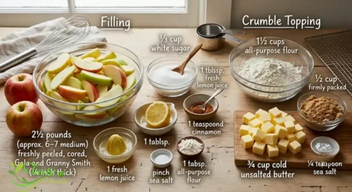Ingredients for an easy apple crumble recipe including apples, flour, butter, and cinnamon