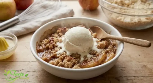 Abowl of warm apple crumble served with a scoop of vanilla ice cream