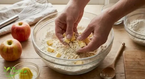 Rubbing cold butter into flour and sugar to make a British-style crumble topping