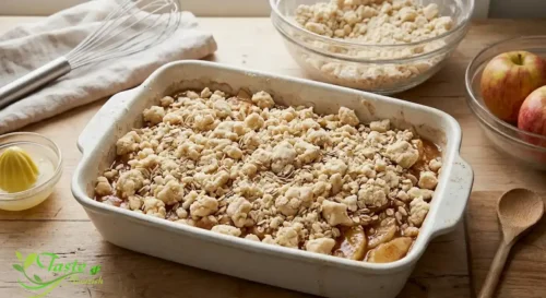 Apple crumble assembled in a baking dish before going into the oven