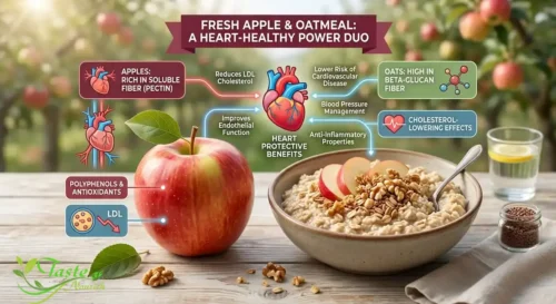 Fresh apple beside oatmeal, representing the heart-health benefits of apples