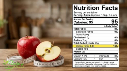 Nutrition facts chart showing calories and fiber in a medium apple