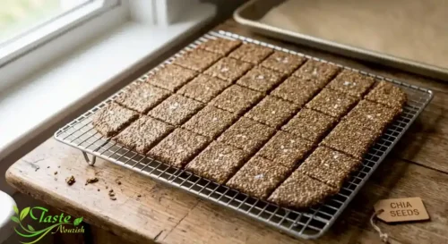 Baked chia seed crackers cooling on a wire rack