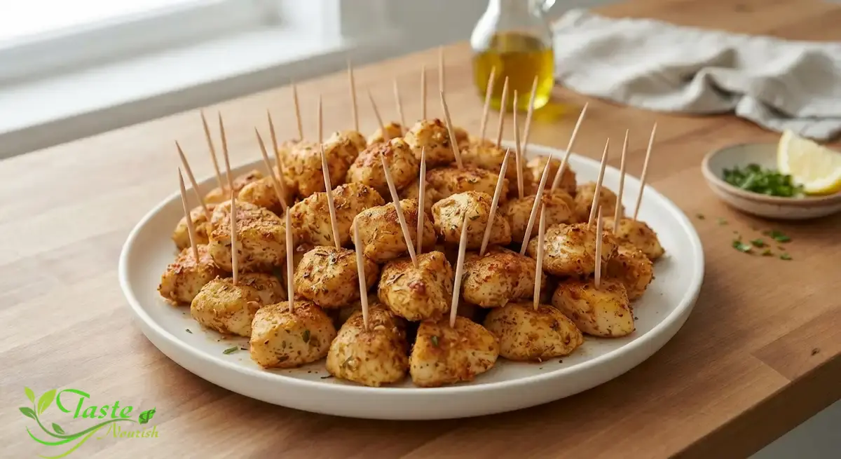 Baked Chicken Bites Recipe (High-Protein Party Appetizer) Golden baked chicken bites piled on a white platter