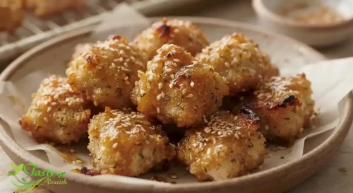 Baked chicken bites tossed in honey garlic sauce and sesame seeds