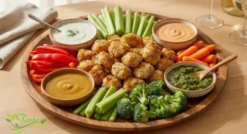 Party platter of baked chicken bites with dipping sauces and vegetables