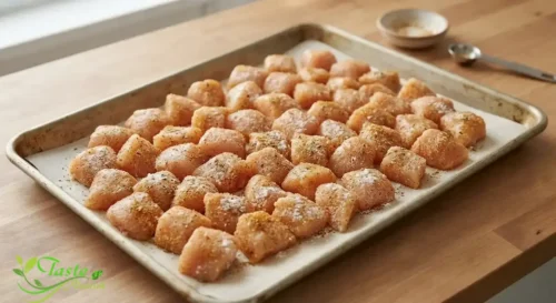 Raw chicken cubes coated in seasoning and cornstarch on a sheet pan