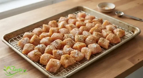Seasoned chicken bites baking on a wire rack set inside a sheet pan