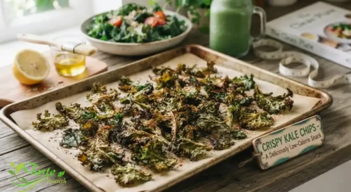 Crispy baked kale chips on a baking sheet as a low-calorie snack