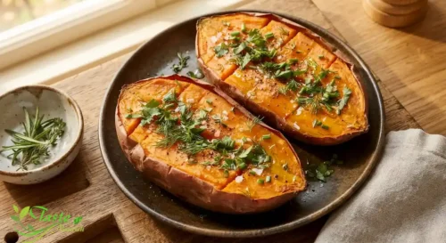 Health Benefits of Sweet Potatoes: Baked sweet potato halves topped with olive oil and fresh herbs
