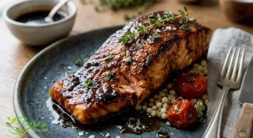 balsamic glaze coating a seared salmon fillet