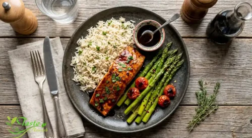 easy balsamic salmon recipe with asparagus and rice