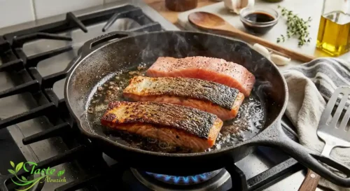 Salmon fillets searing skin-side down for balsamic salmon recipe