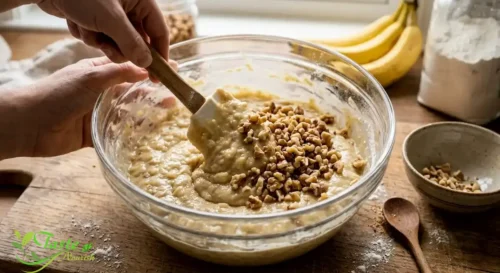 Folding chopped walnuts into banana nut bread batter