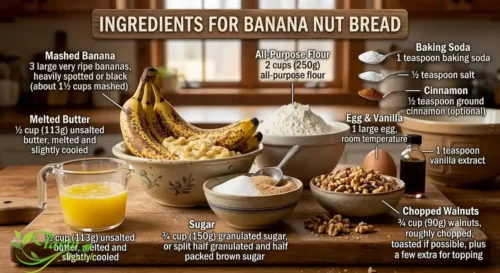 Ingredients for banana nut bread including ripe bananas and walnuts