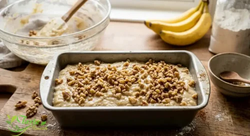 Banana nut bread batter topped with walnuts