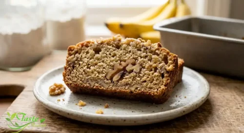 banana nut bread slice showing walnut pieces