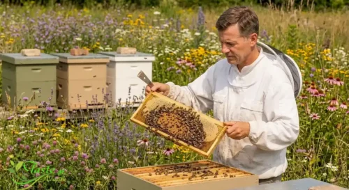 Beekeeper inspecting a hive frame near wildflowers for organic honey production