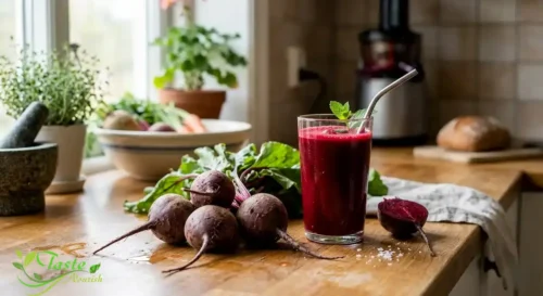 Glass of fresh beet juice next to whole beetroots on a kitchen counter