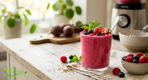 Pink beetroot smoothie in a glass topped with fresh berries and mint
