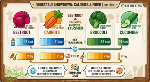 Beetroot Weight Loss: beetroot versus carrots, broccoli, and cucumber by calories and fiber