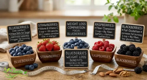 Blueberries next to strawberries, raspberries, and blackberries for weight loss comparison