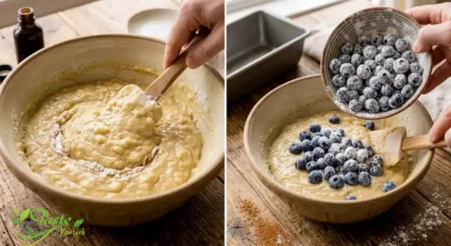 Folding flour-tossed blueberries into banana bread batter 