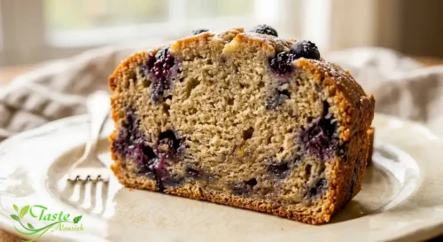 blueberry banana bread slice showing soft, moist texture