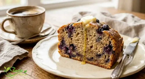 blueberry banana bread served with melting butter and coffee