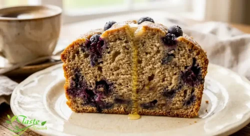 Blueberry Banana Bread Recipe: Sliced blueberry banana bread showing moist crumb and blueberries