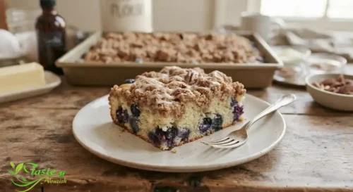 Blueberry coffee cake slice drizzled 