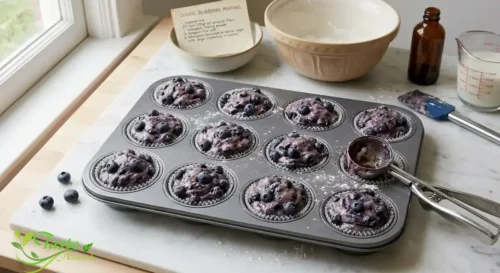 Blueberry muffin batter filled to the top in a muffin tin ready to bake
