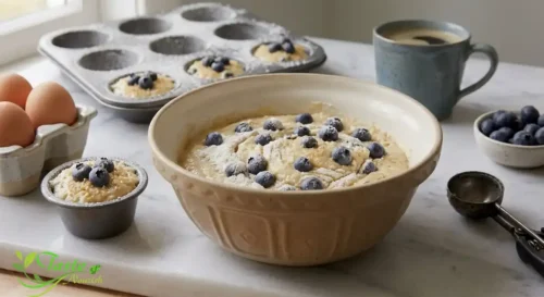 Blueberry muffin batter filled to the top in a muffin tin ready to bake